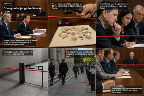 Drawn.News visual brief: Comey asks judge to dismiss seashell-post threat case