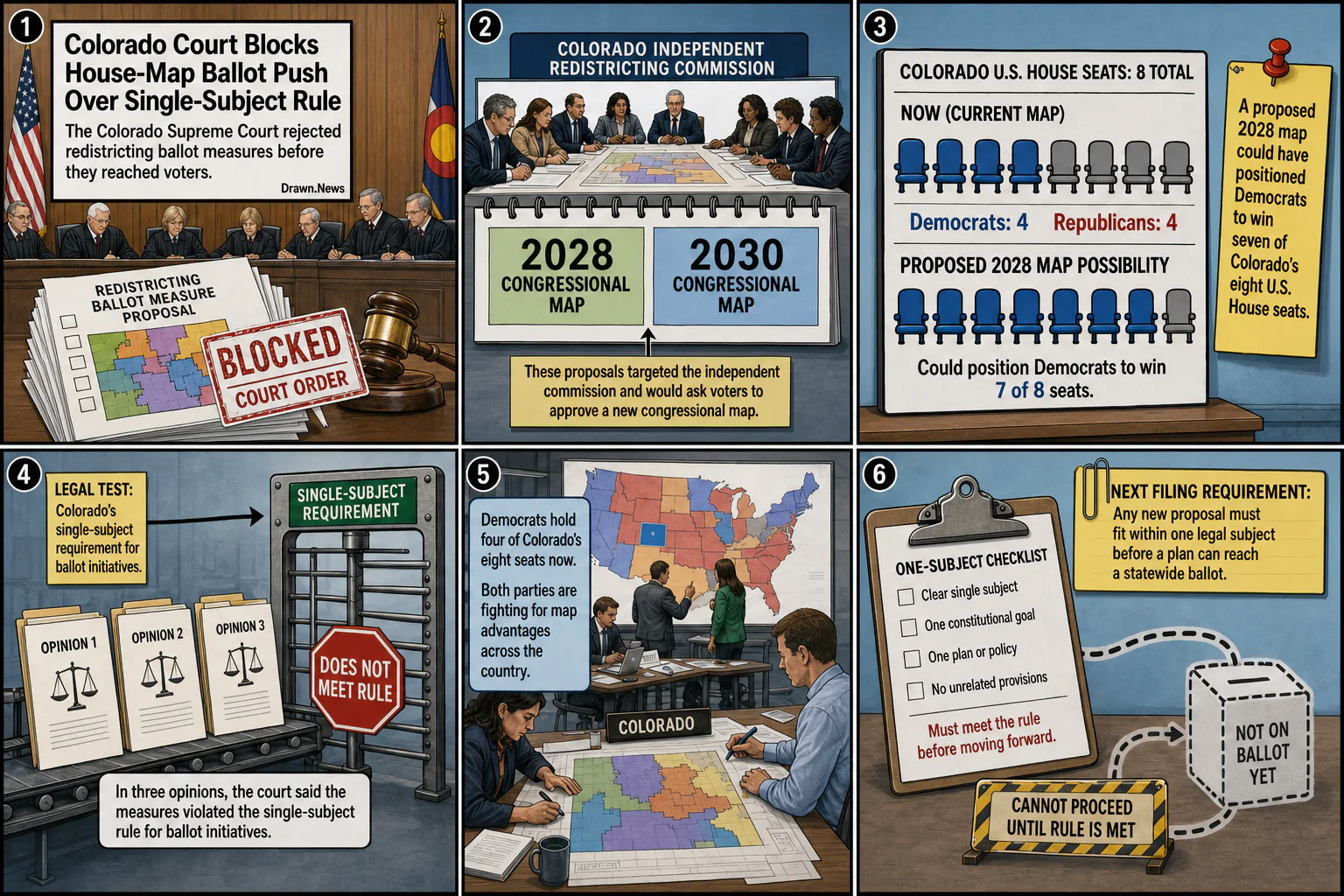 Drawn.News visual brief: Colorado Court Blocks House-Map Ballot Push Over Single-Subject Rule