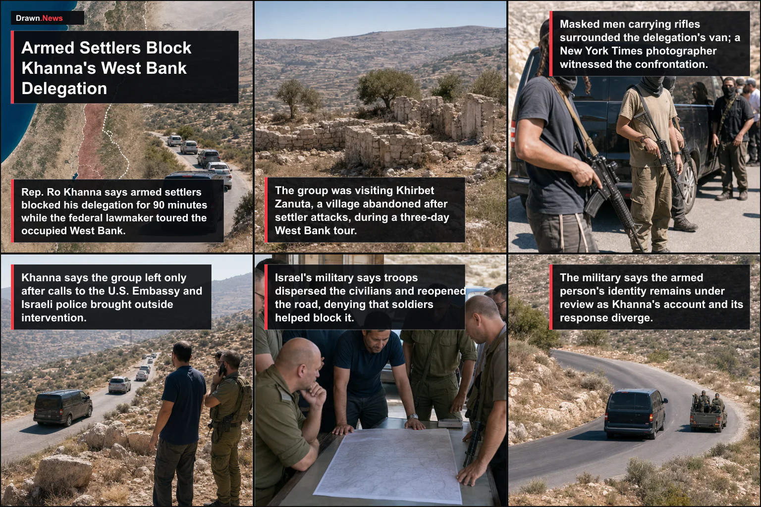Drawn.News visual brief: Armed Settlers Block Khanna's West Bank Delegation