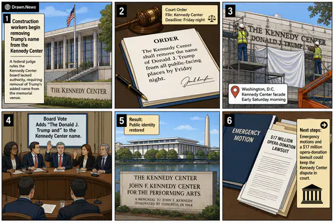 Drawn.News visual brief: Construction workers begin removing Trump’s name from the Kennedy Center