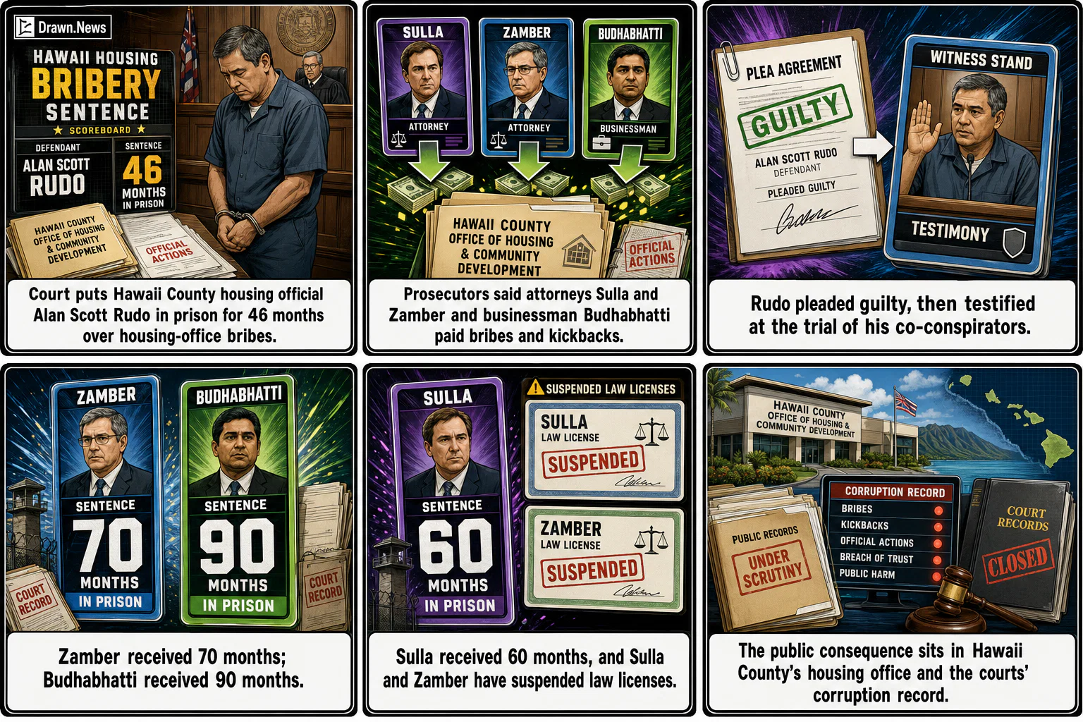 Drawn.News visual brief: County Housing Official Sentenced for His Role in Multimillion-Dollar Scheme to Receive Bribes From Hawaii Businessman and Attorneys