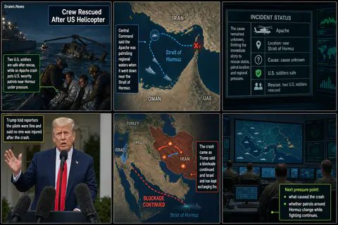 Drawn.News visual brief: U.S. helicopter crashes near Hormuz