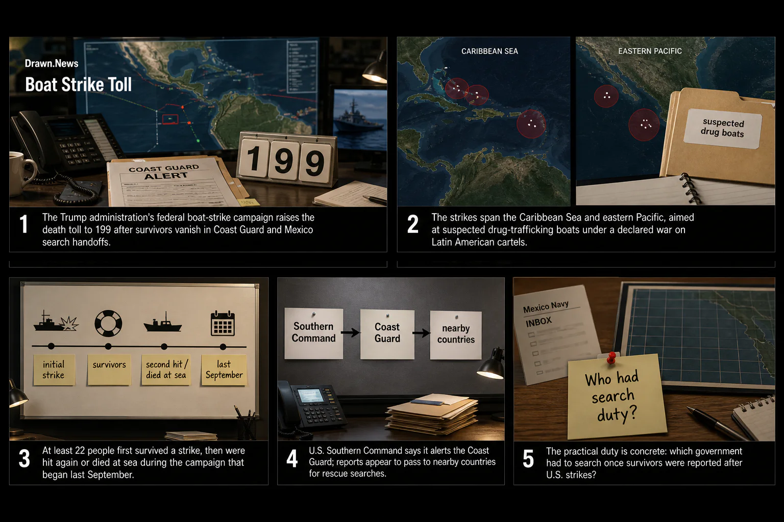 Drawn.News visual brief: Death toll from U.S. boat strikes climbs after survivors not found
