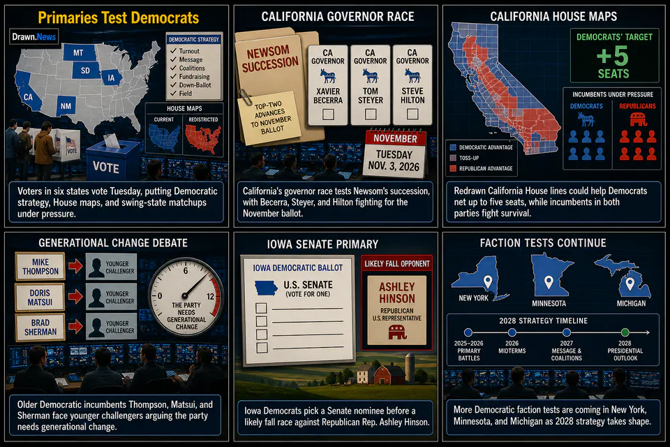Drawn.News visual brief: Democratic battles and incumbents on defense: What to watch in Tuesday’s primaries