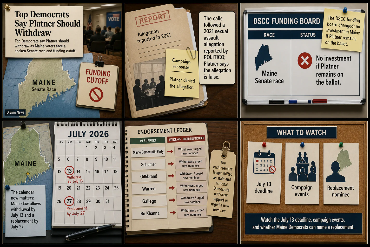 Drawn.News visual brief: Democrats Urge Platner Out as Maine Senate Race Faces Funding Cutoff