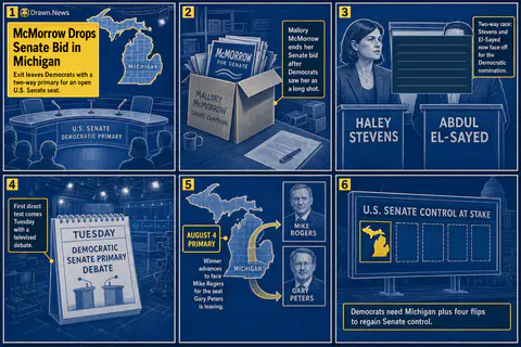 Drawn.News visual brief: McMorrow Drops Senate Bid, Narrowing Michigan Senate Primary