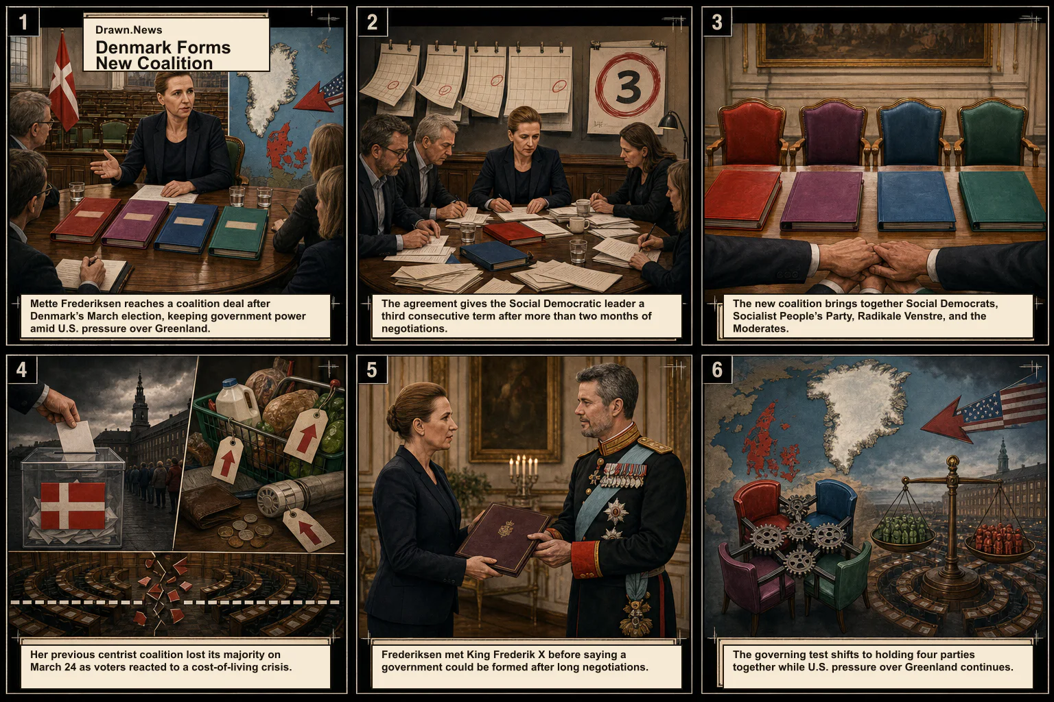 Drawn.News visual brief: Denmark’s Mette Frederiksen agrees centre-left coalition after months of uncertainty