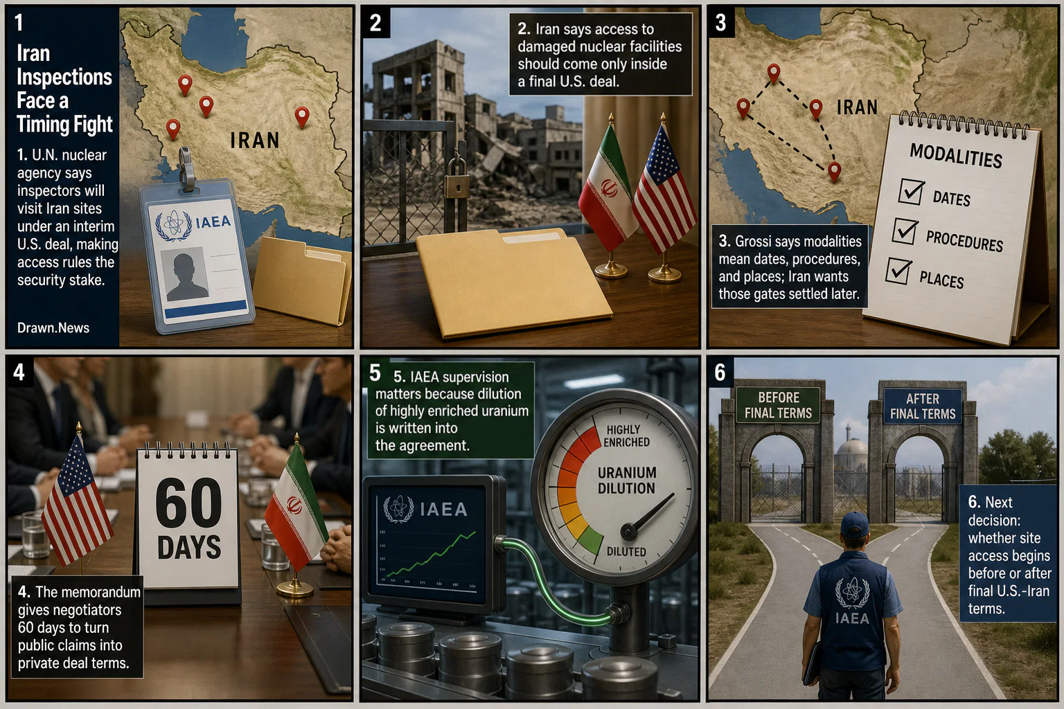Drawn.News visual brief: Iran and IAEA Set Different Timelines for Nuclear Inspections