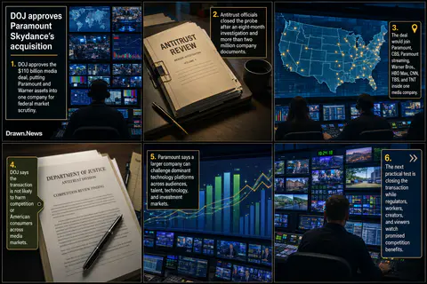 Drawn.News visual brief: DOJ approves Paramount Skydance’s acquisition of Warner Bros. Discovery