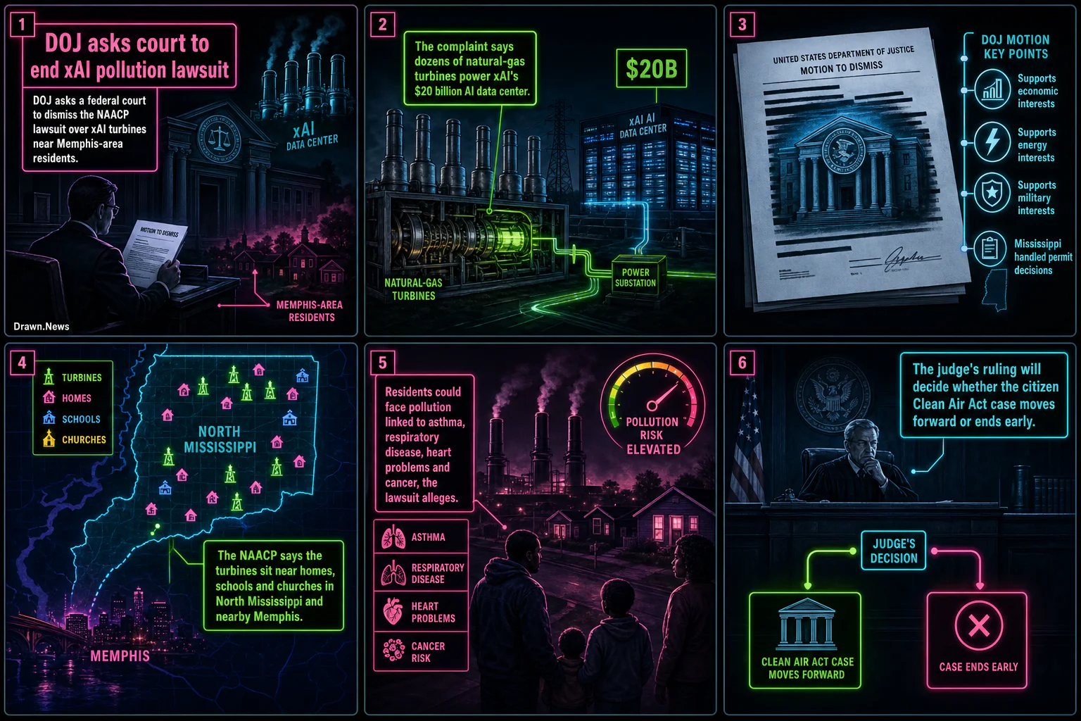 Drawn.News visual brief: DOJ seeks to dismiss air pollution lawsuit against xAI data center
