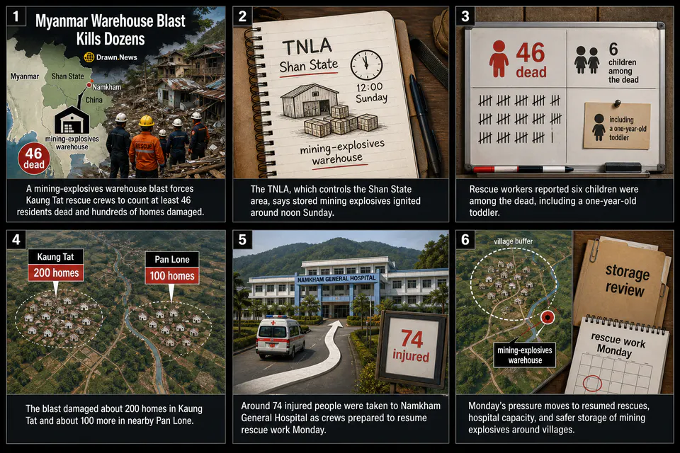 Drawn.News visual brief: Myanmar Warehouse Blast Kills Dozens Near China