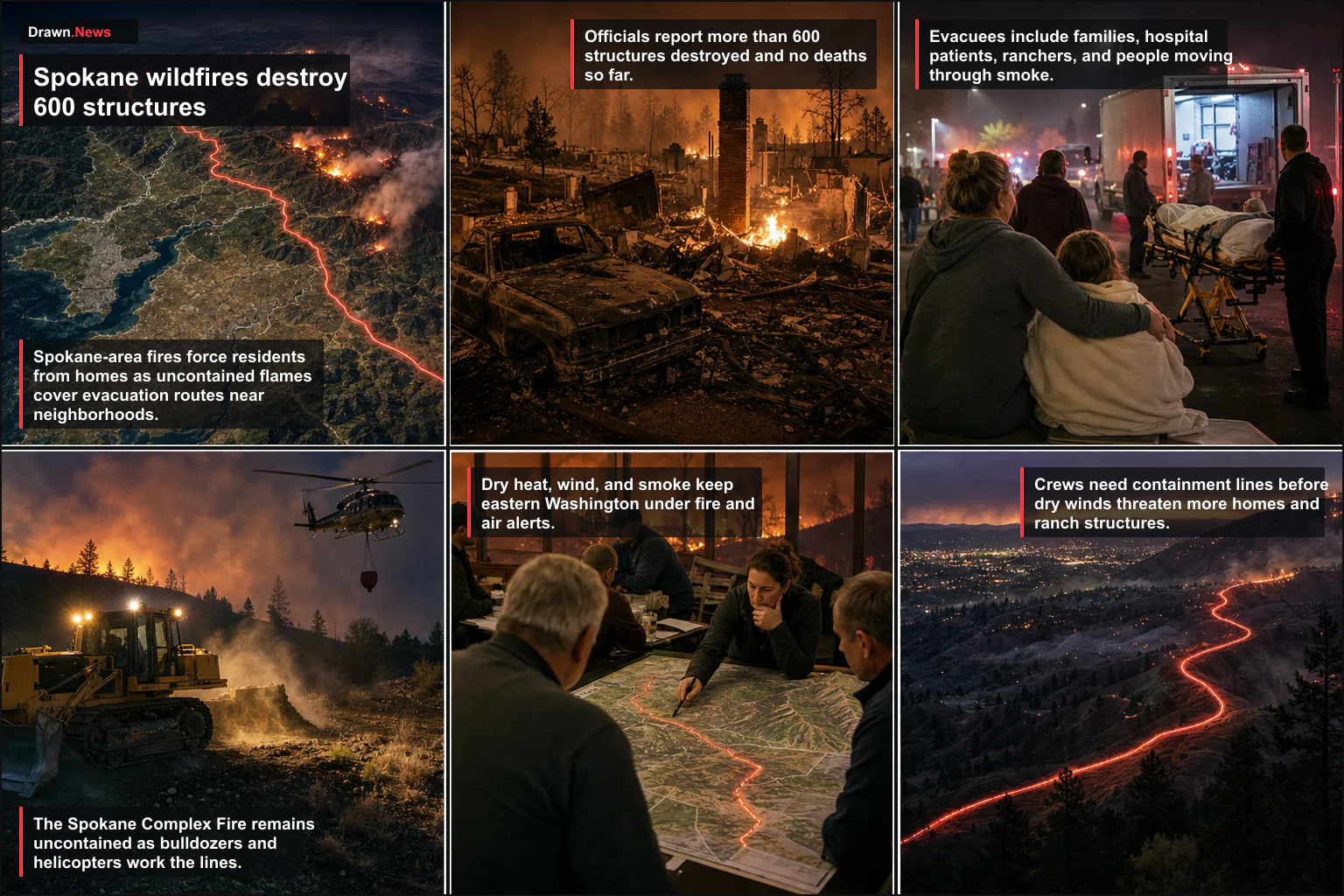 Drawn.News visual brief: Spokane-area wildfires destroy 600 structures and stretch evacuations