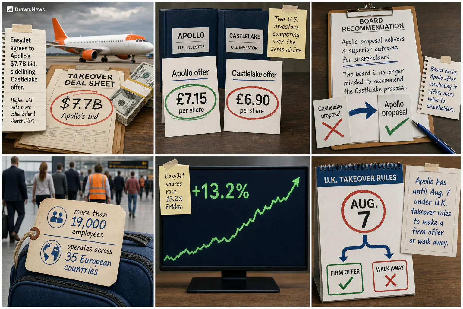 Drawn.News visual brief: EasyJet agrees to Apollo's $7.7B bid, sidelining Castlelake offer