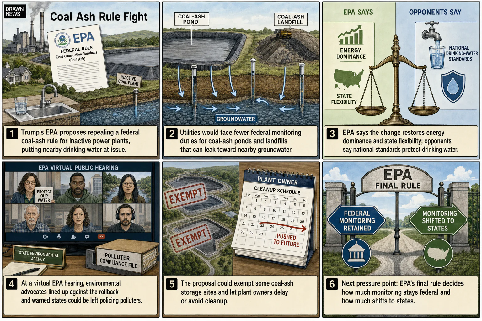 Drawn.News visual brief: Environmentalists turn out in force to oppose Trump coal ash rollbacks