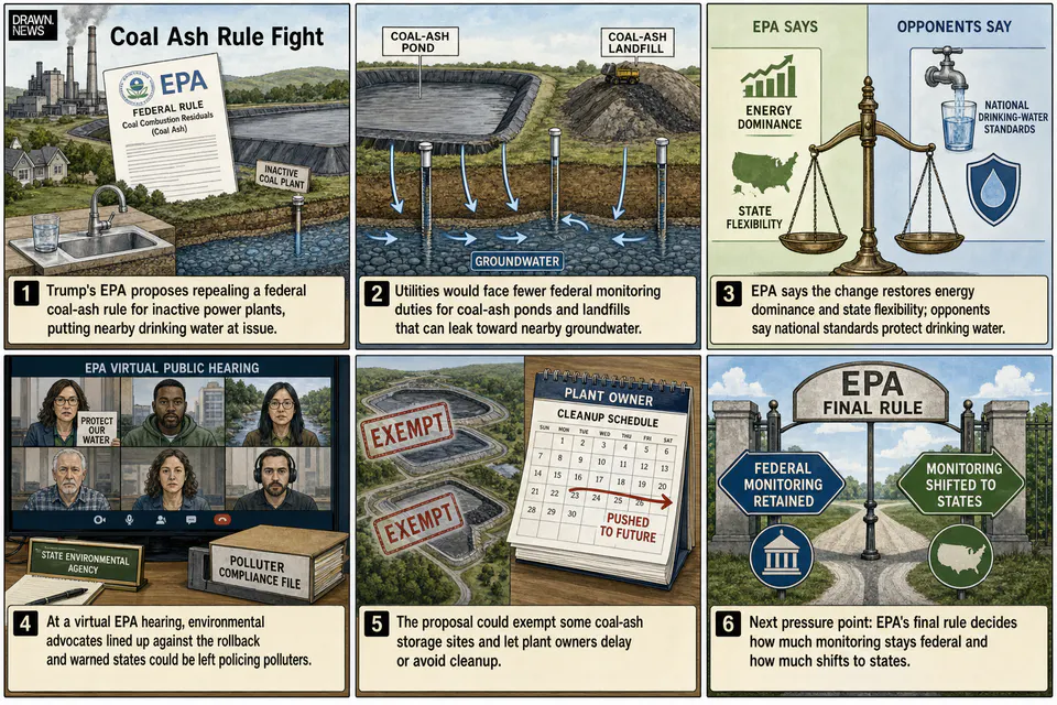 Drawn.News visual brief: Environmentalists turn out in force to oppose Trump coal ash rollbacks