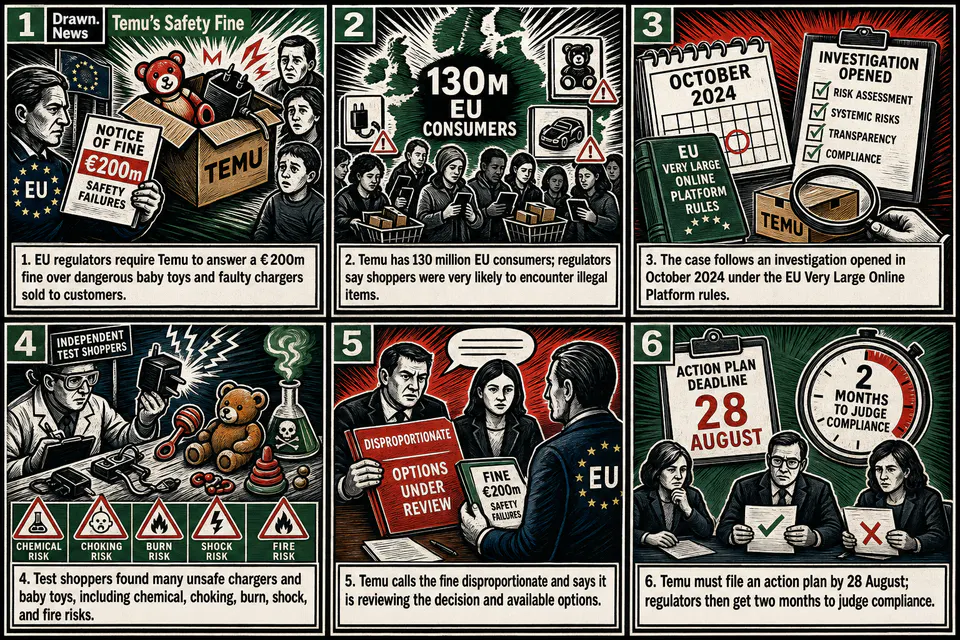 Drawn.News visual brief: EU fines Temu €200m for allowing sale of illegal products