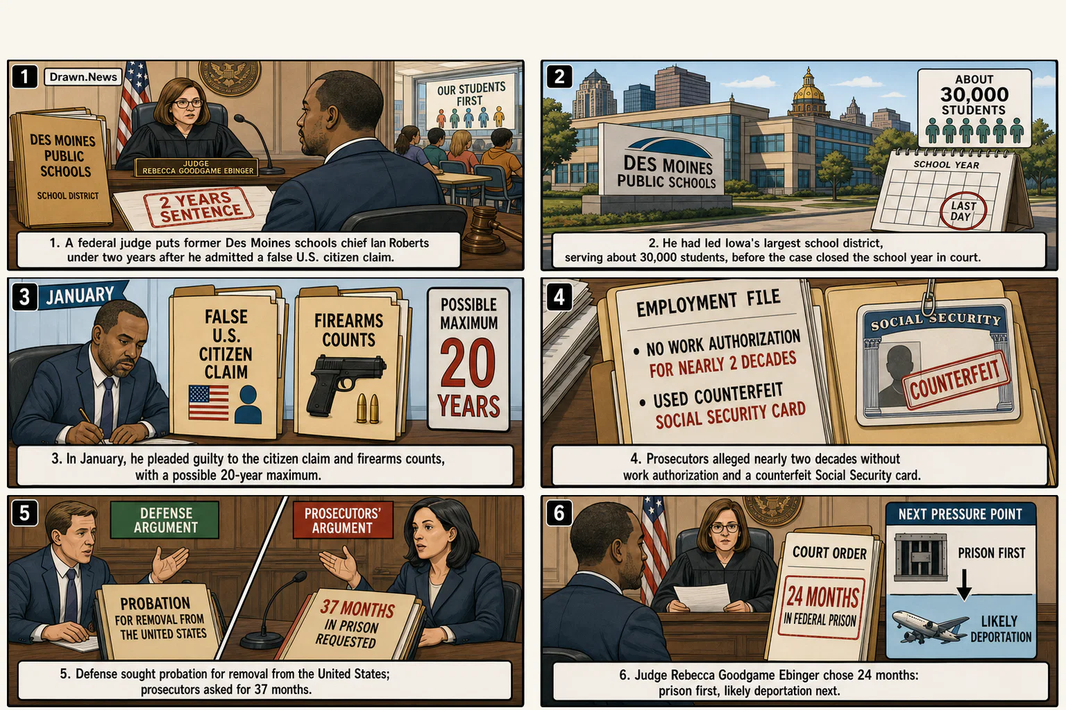 Drawn.News visual brief: Des Moines Superintendent Gets Two Years