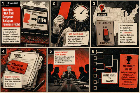Drawn.News visual brief: Trump Asks FIFA to Review Balogun Ban as World Cup Fairness Fight Grows