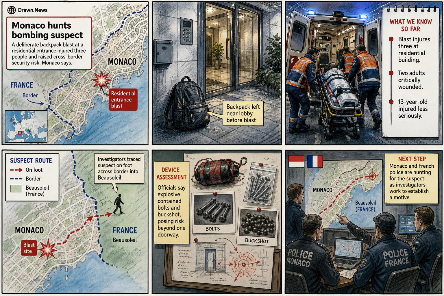 Drawn.News visual brief: Monaco Hunts Suspect After Bomb Injures Ukrainian Tycoon and Two Others