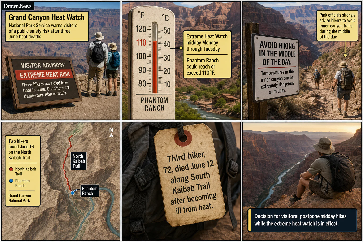 Drawn.News visual brief: Grand Canyon Heat Watch Follows Three Hiker Deaths