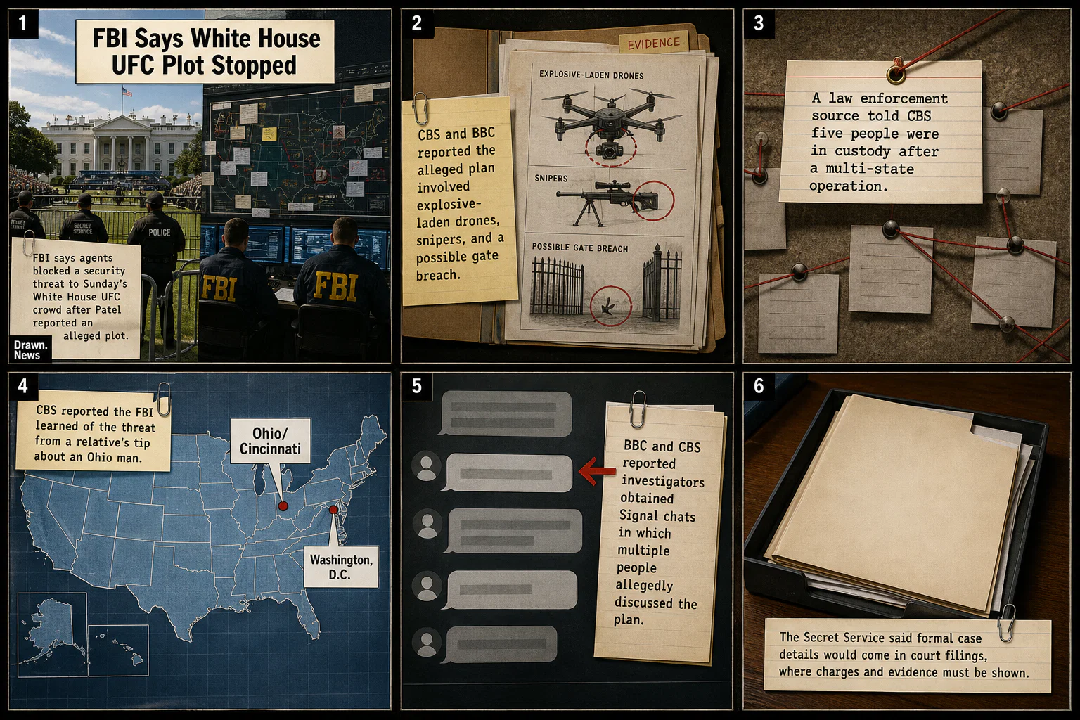 Drawn.News visual brief: FBI foiled alleged plot to attack White House UFC event, Kash Patel says