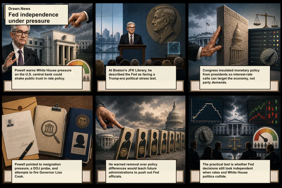 Drawn.News visual brief: Fed's Powell warns Trump's political 'stress test' will wreck public trust in central bank