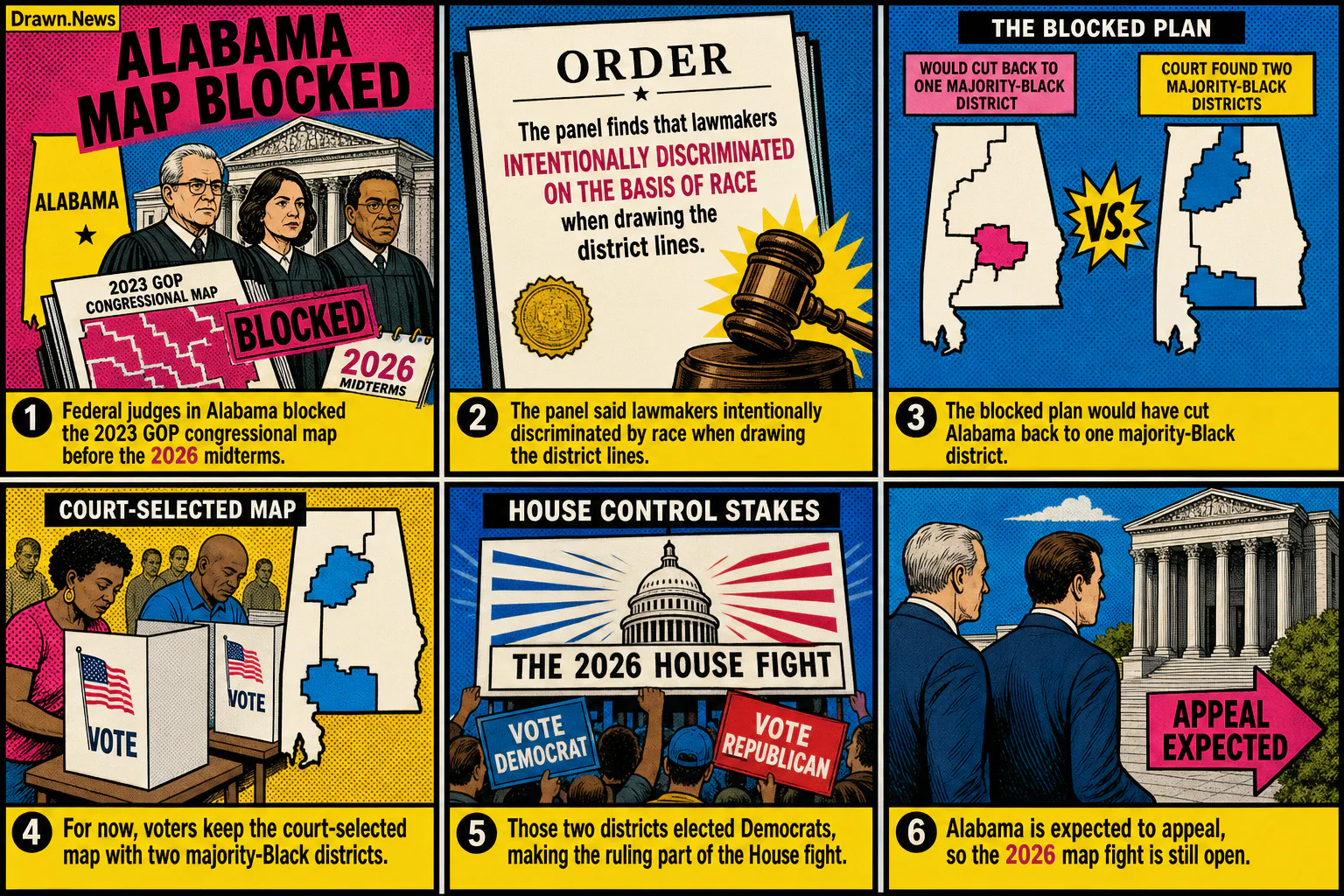 Drawn.News visual brief: Federal court blocks Alabama from using GOP-drawn congressional map