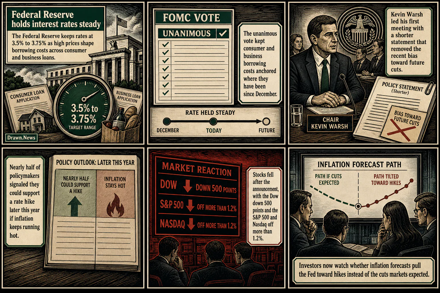 Drawn.News visual brief: Federal Reserve holds interest rates steady but leaves door open to hike