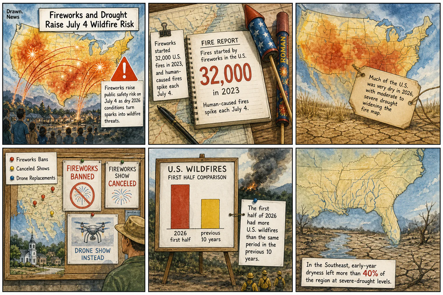 Drawn.News visual brief: Fireworks and Drought Raise July 4 Wildfire Risk