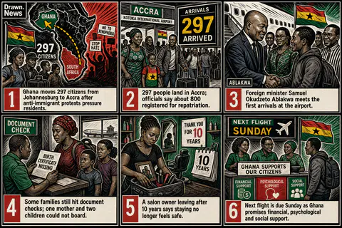 Drawn.News comic: First Ghanaians evacuated from South Africa over immigration protests land in Accra