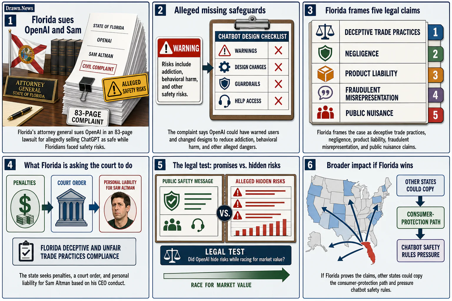 Drawn.News visual brief: Florida sues OpenAI and Sam Altman over alleged safety lapses