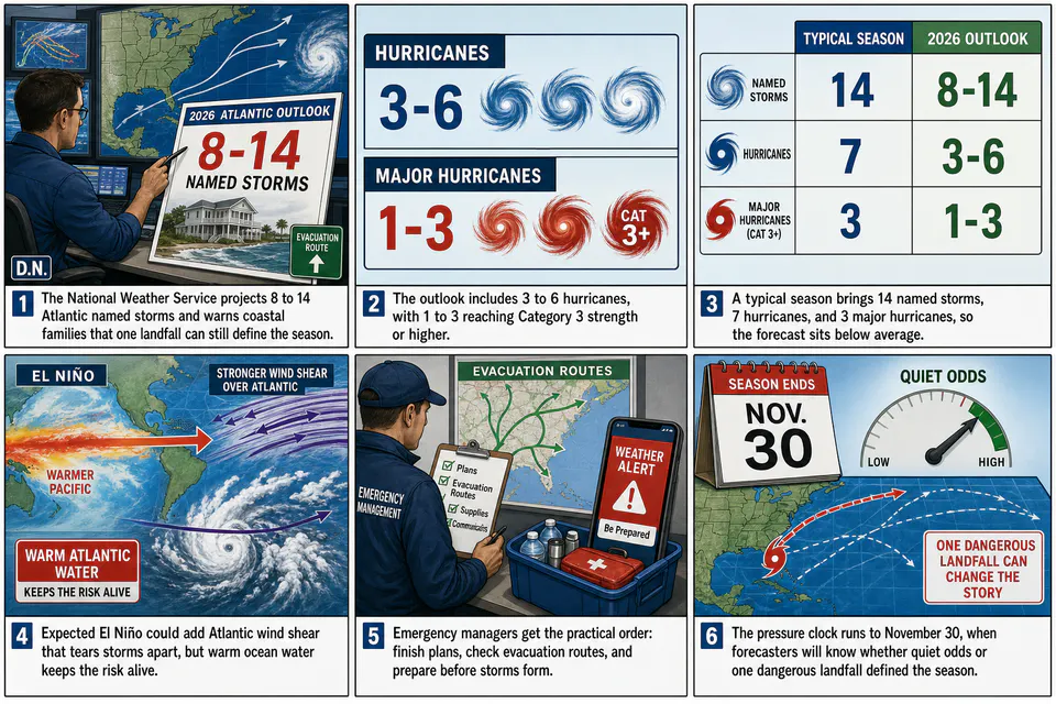 Drawn.News strip: Forecasters predict below-average hurricane season, advise against complacency