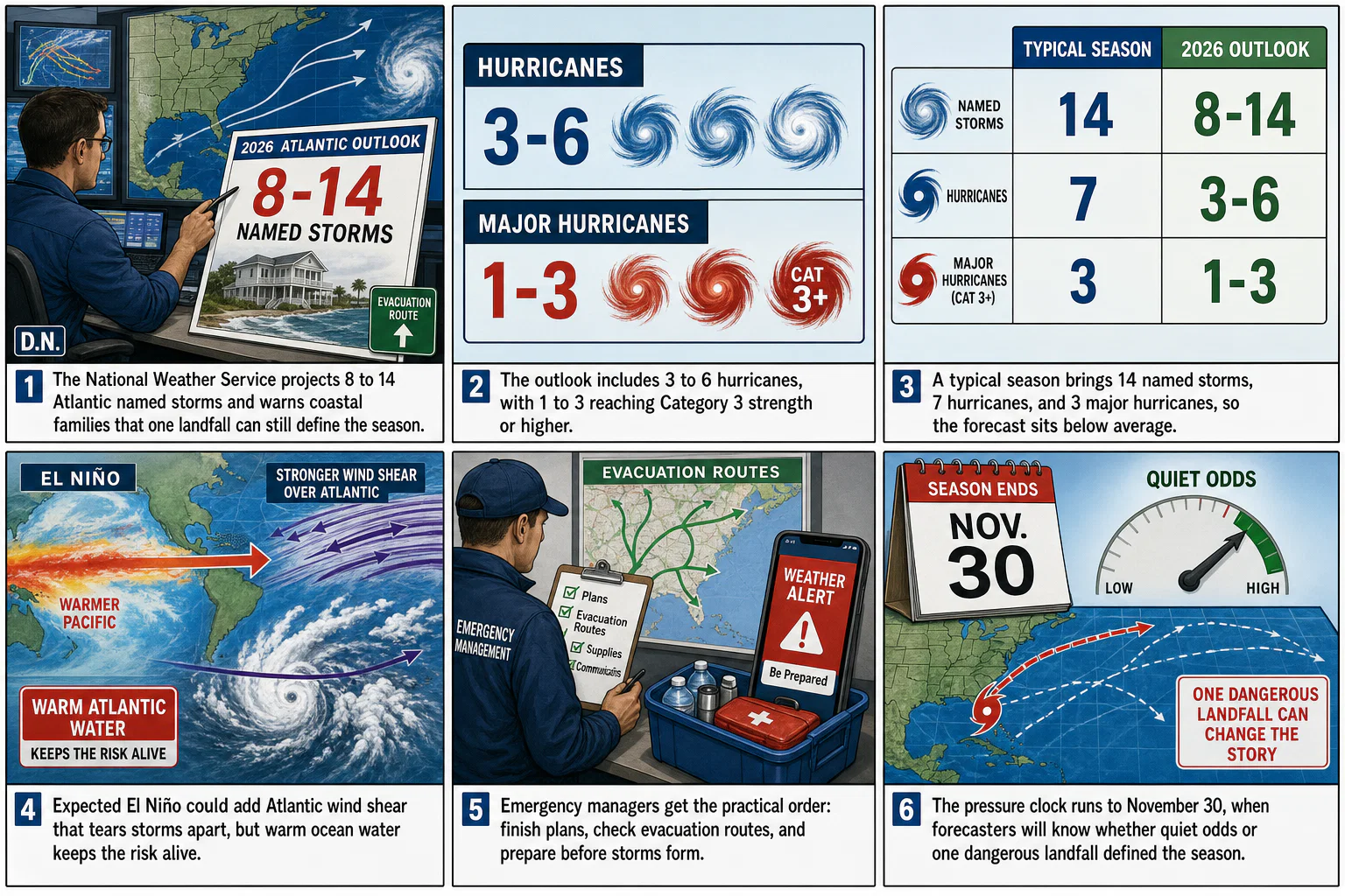 Drawn.News visual brief: Forecasters predict below-average hurricane season, advise against complacency