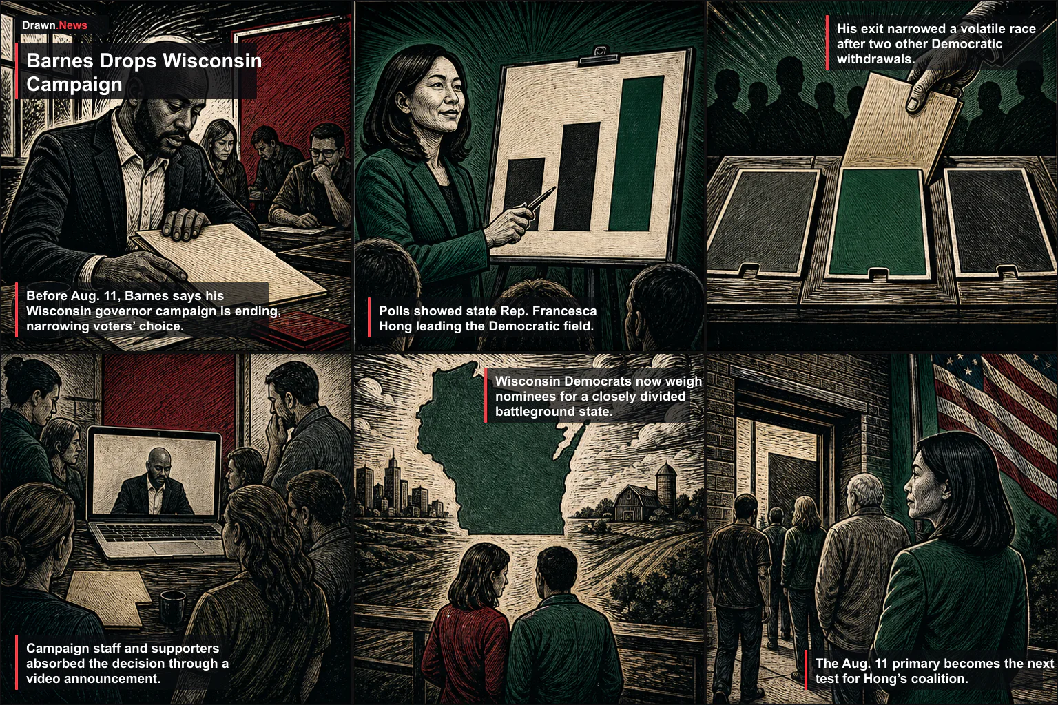 Drawn.News visual brief: Barnes Drops Campaign as Hong Leads Wisconsin Governor Primary
