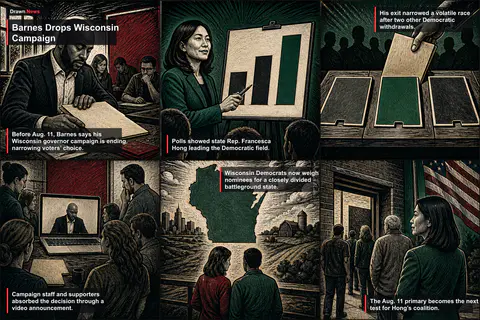 Drawn.News visual brief: Barnes Drops Campaign as Hong Leads Wisconsin Governor Primary