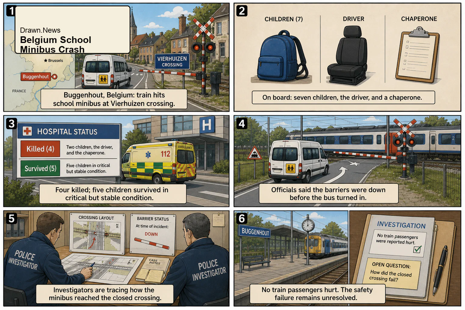 Drawn.News visual brief: Four killed as school minibus collides with train in Belgium