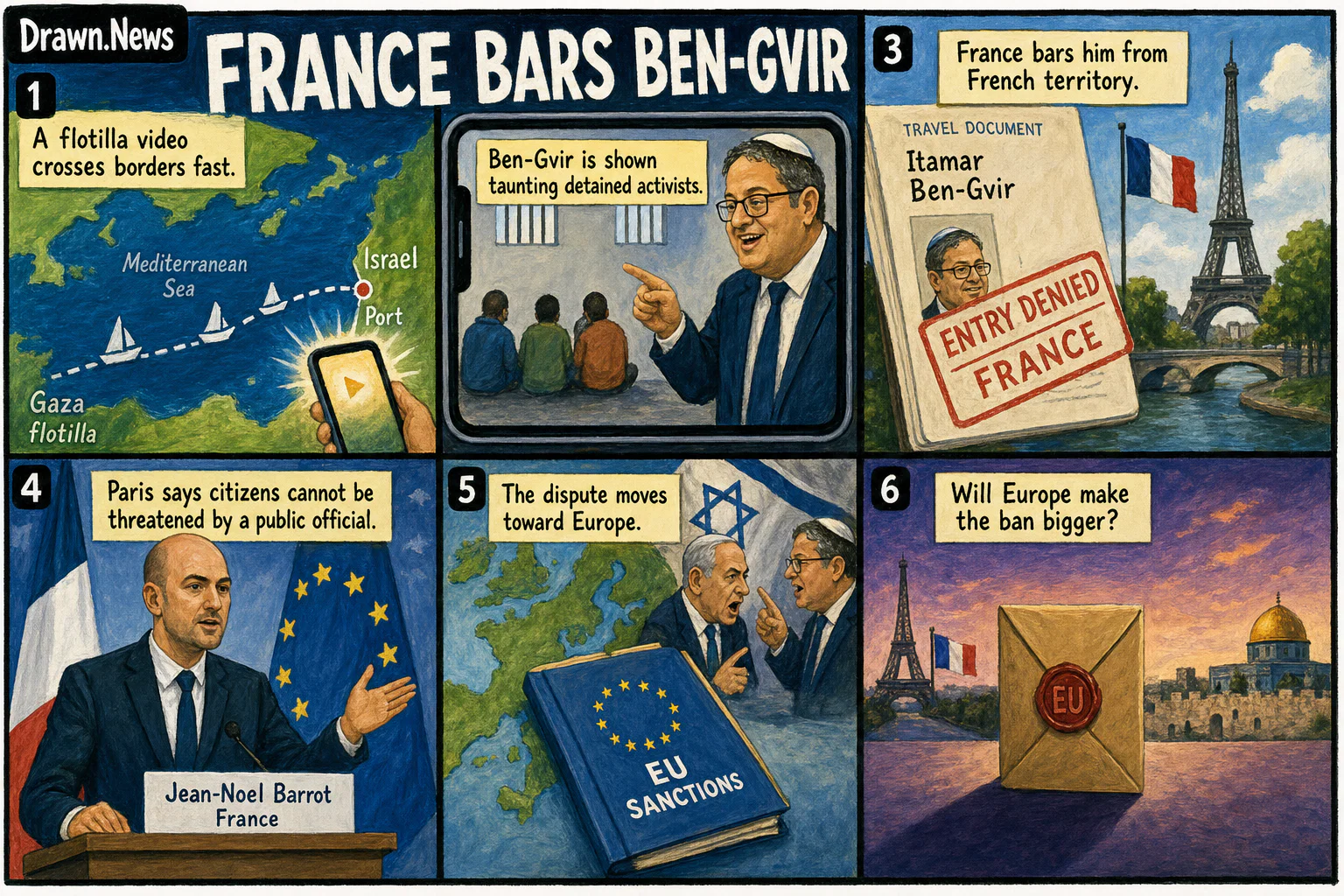 Drawn.News visual brief: France Bans Israeli Minister Over Treatment of Detained Flotilla Activists