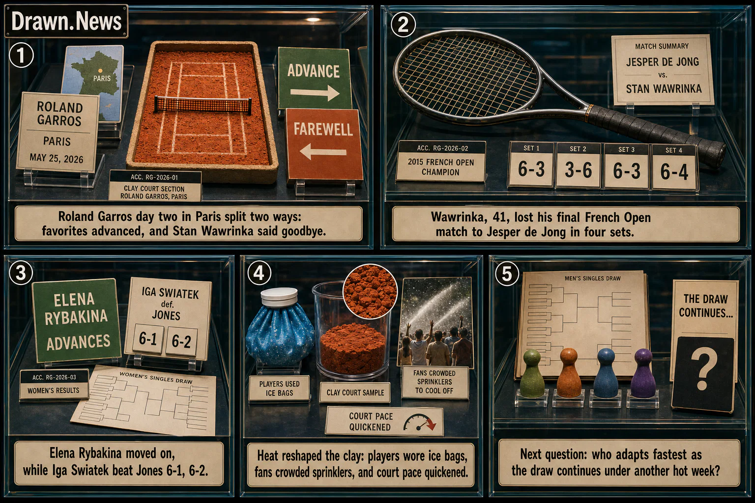 Drawn.News visual brief: French Open 2026: Rybakina advances as Wawrinka bows out on day two