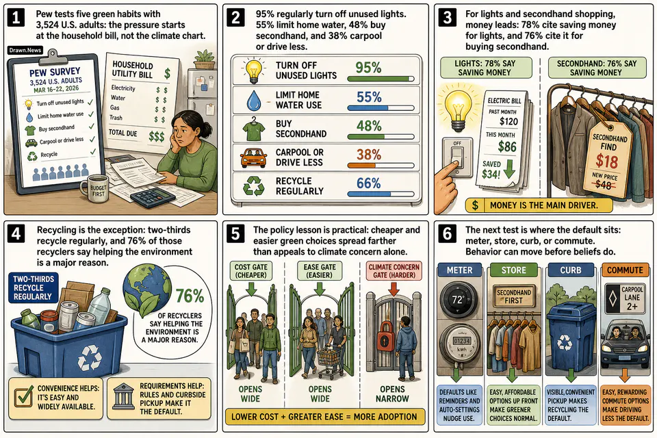 Drawn.News visual brief: Why Green Habits Follow the Price Tag