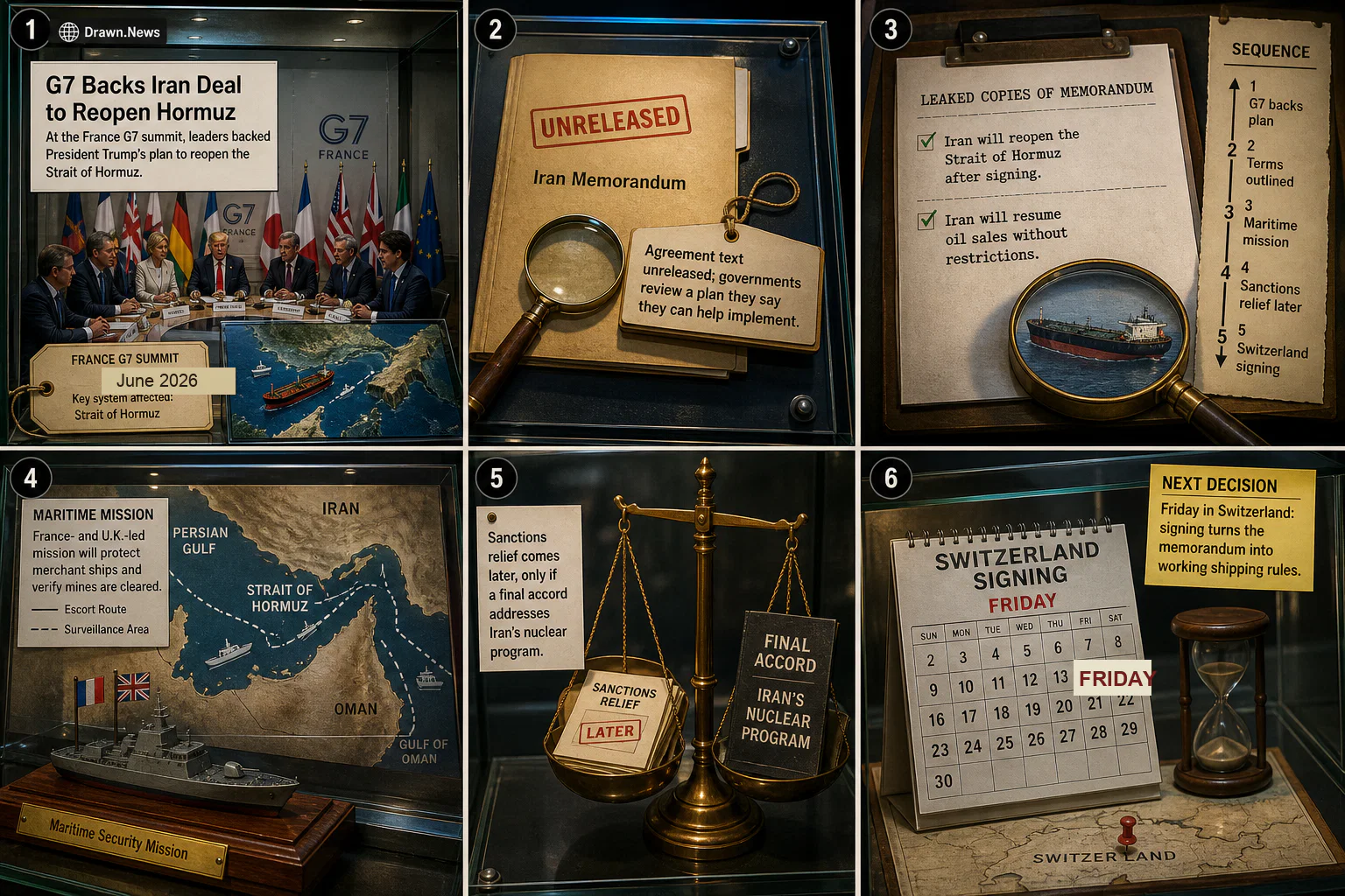 Drawn.News visual brief: G7 Backs Iran Deal to Reopen Hormuz