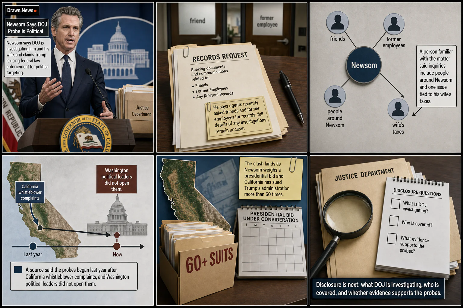 Drawn.News visual brief: Newsom Says DOJ Probe Is Political Targeting