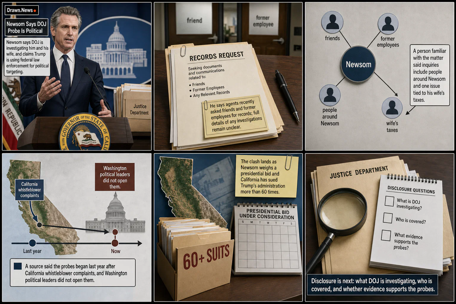 Drawn.News visual brief: Newsom Says DOJ Probe Is Political Targeting
