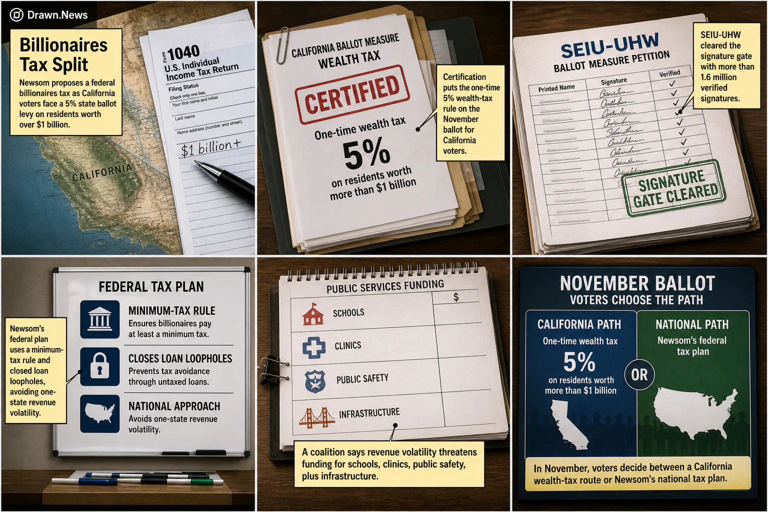 Drawn.News visual brief: Newsom's California Ballot Tax Split, Explained