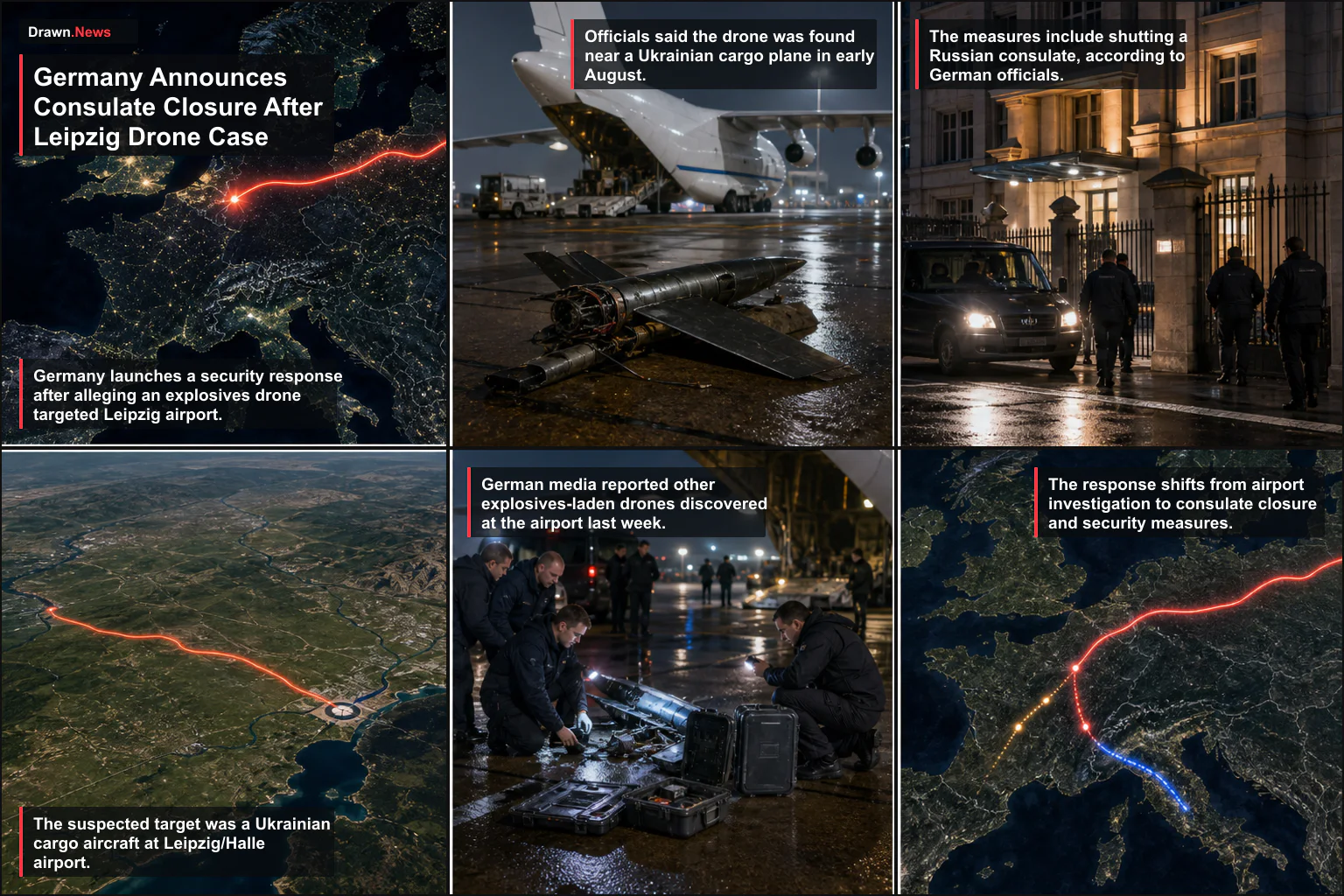 Drawn.News visual brief: Germany Announces Consulate Closure After Leipzig Drone Case