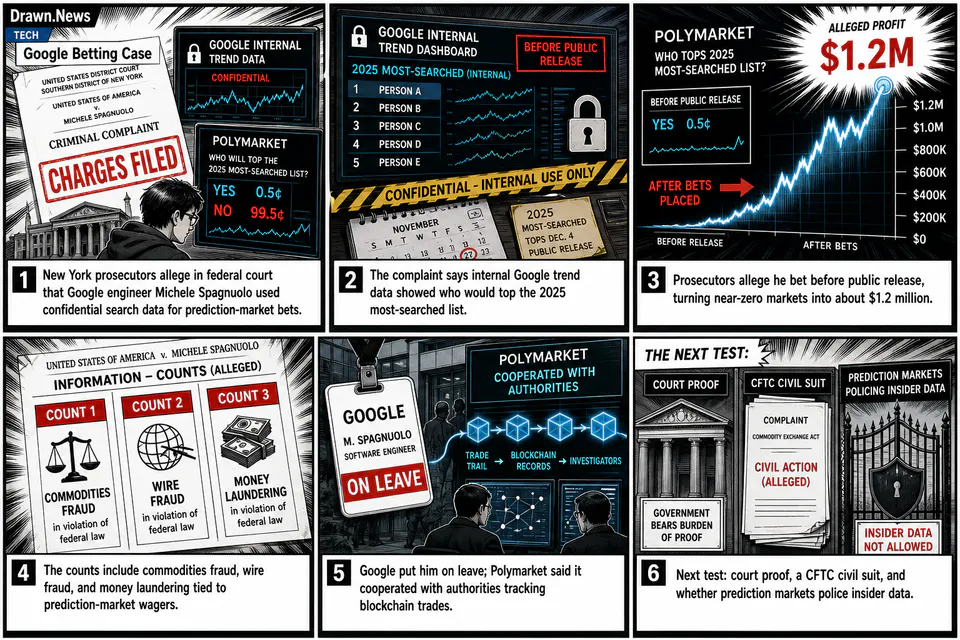 Drawn.News visual brief: Google employee charged with using insider data to rig bets on Polymarket