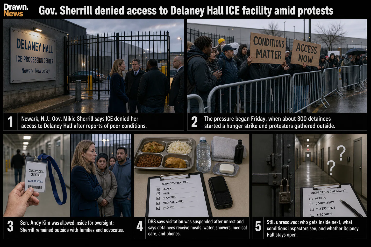 Drawn.News visual brief: Gov. Sherrill denied access to Delaney Hall ICE facility amid protests