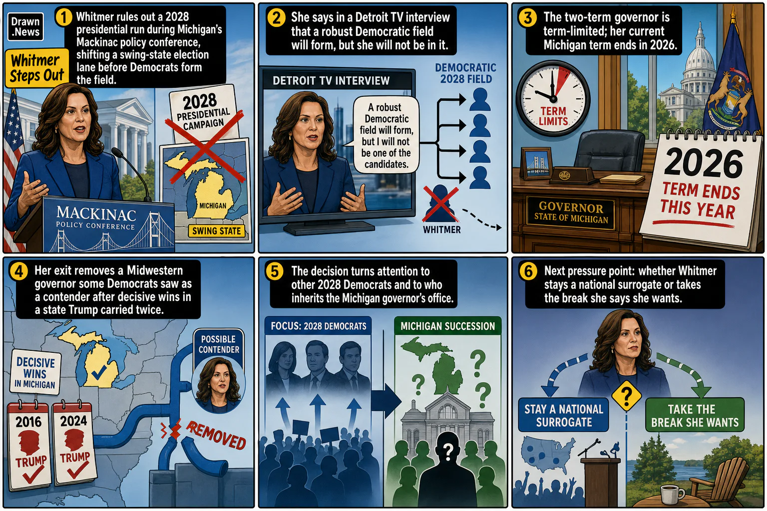 Drawn.News visual brief: Gretchen Whitmer says she won’t run for president in 2028