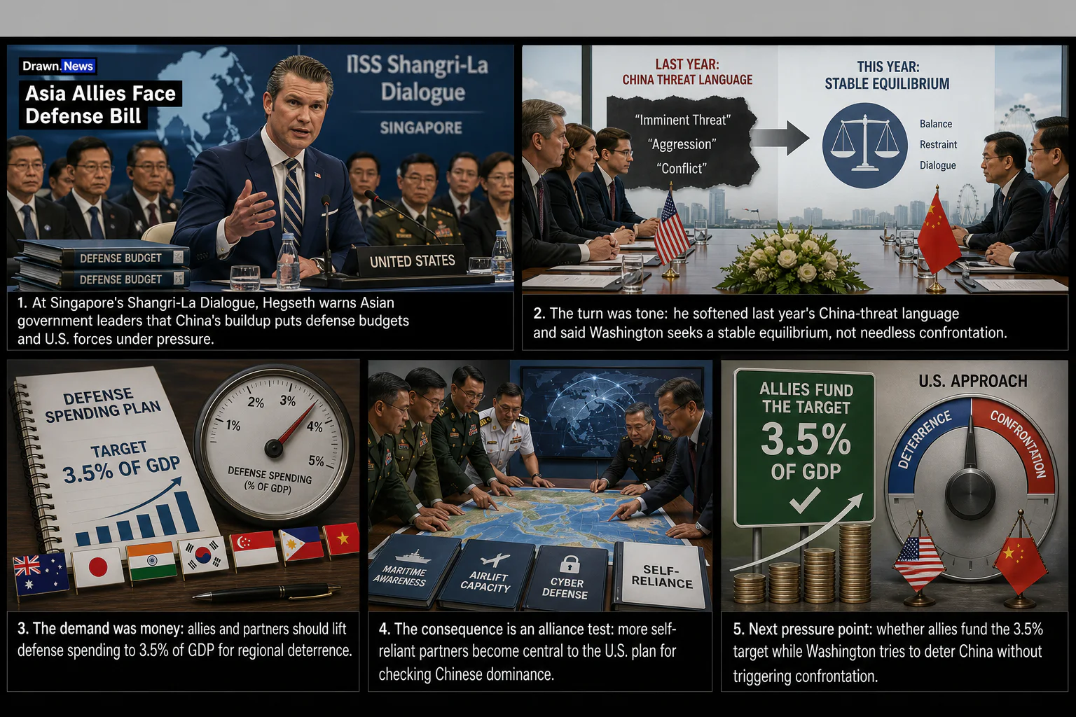 Drawn.News visual brief: Hegseth urges Asian leaders to boost military spending against China
