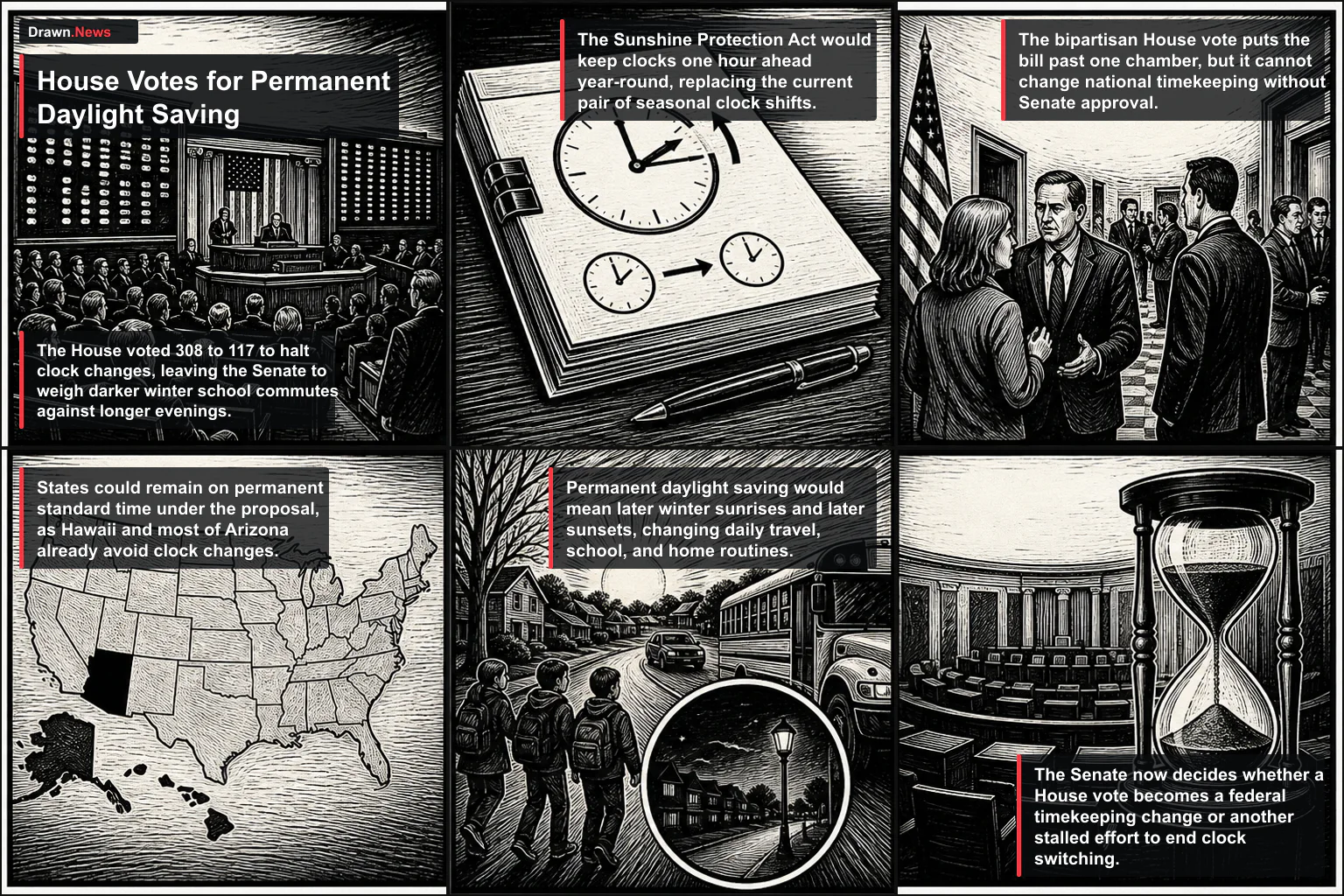 Drawn.News visual brief: House Votes for Permanent Daylight Saving Time