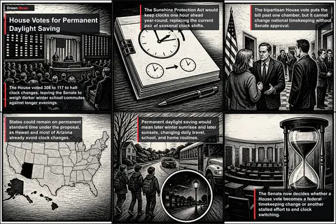 Drawn.News visual brief: House Votes for Permanent Daylight Saving Time